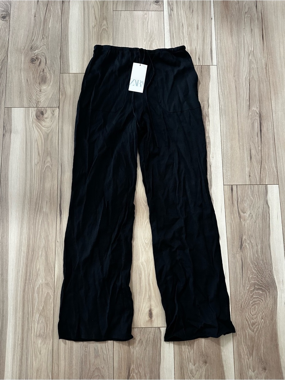 NWT Zara Black Textured Wide Leg Pull On Drawstring Pants S